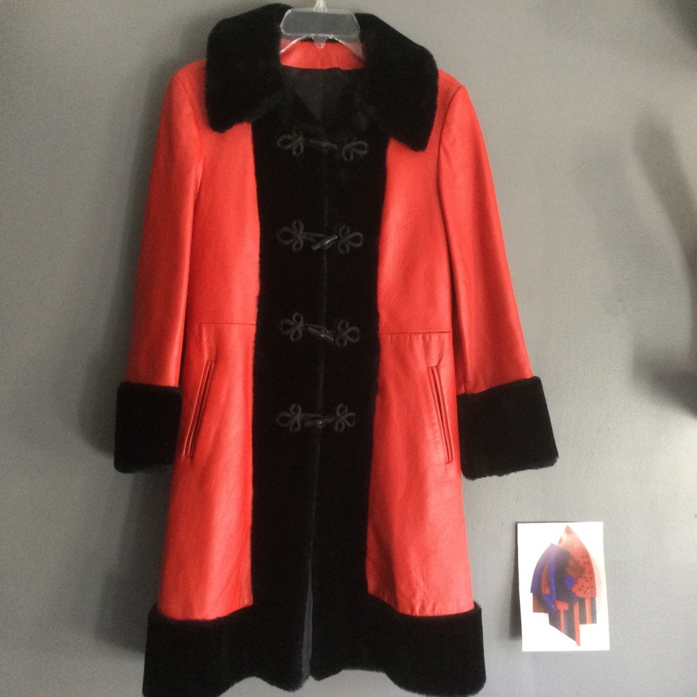 Vintage R.Sherman Red Leather & Faux Fur Trim Coat